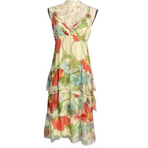 Cynthia Steffe 100% Silk Midi Dress Beaded Floral Ruffle‎ Boho Dress Size 8